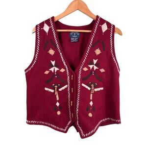 Wool Sweater Vest Aztec Unisex Large Red Southwestern Fringe Concho Wool Blend